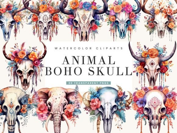 Download Watercolor Animal Boho Skull Clipart - Boho Collection