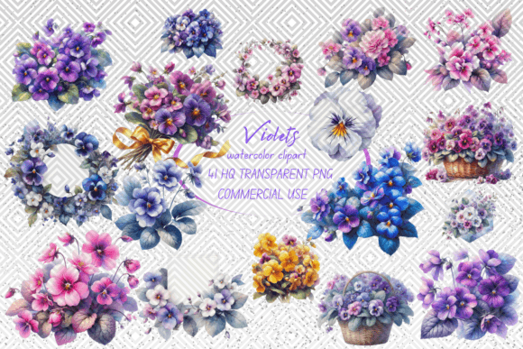 Download Violets Flowers Watercolor Clipart - Violets Collection